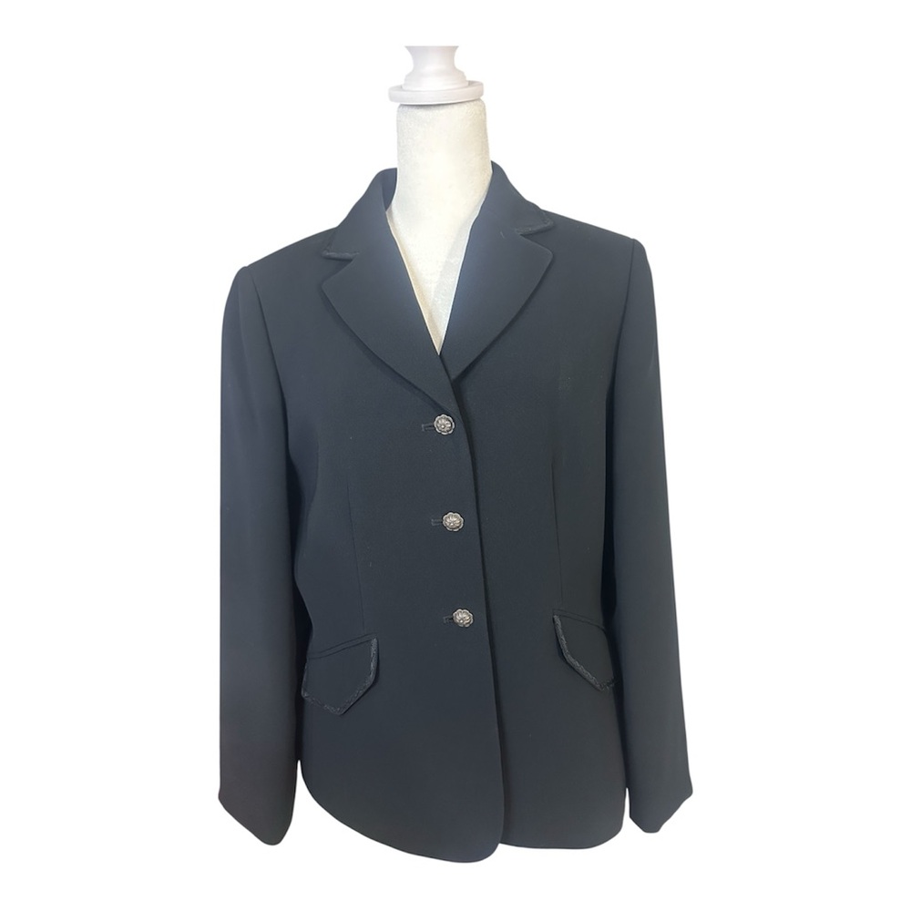 Tahari Arthur S Levine Black Tailored Blazer 8P Floral Buttons Career Chic